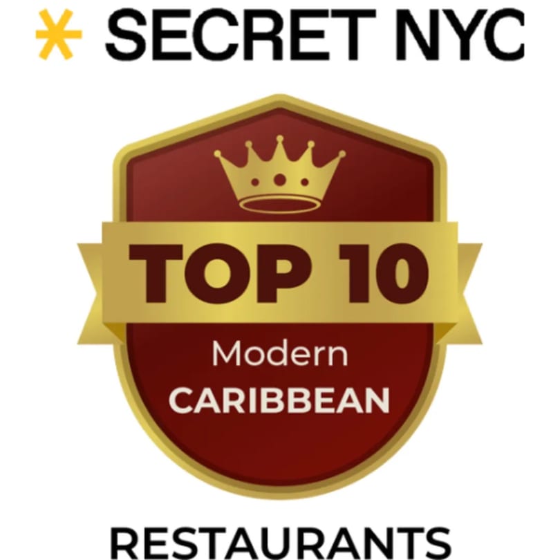 Secret NYC Top 10 Modern Caribbean Restaurants award badge with a gold crown.