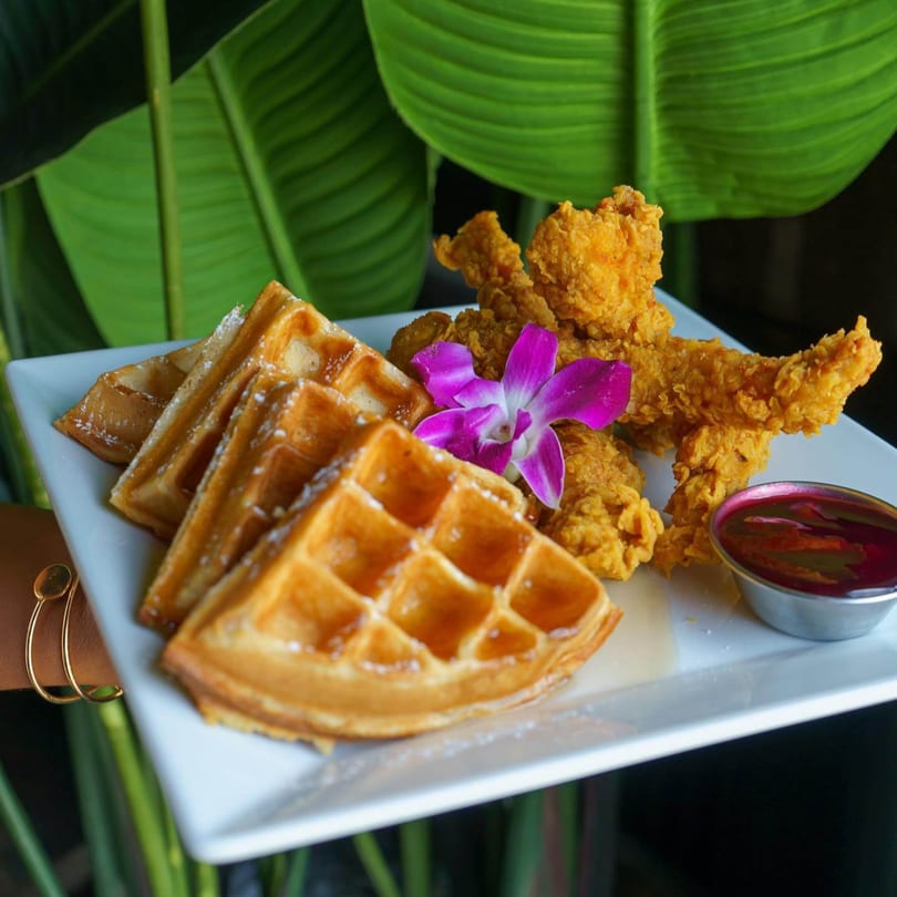 Golden fried chicken and waffles with powdered sugar, a purple orchid, and dipping sauce on a white plate.